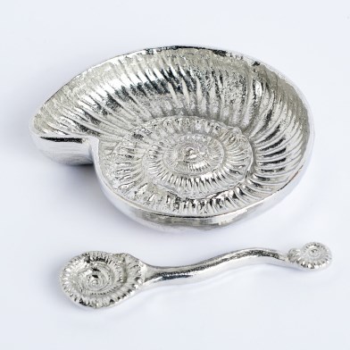 Ammonite English Pewter Bowl with Pewter Fossil Spoon | Image 1