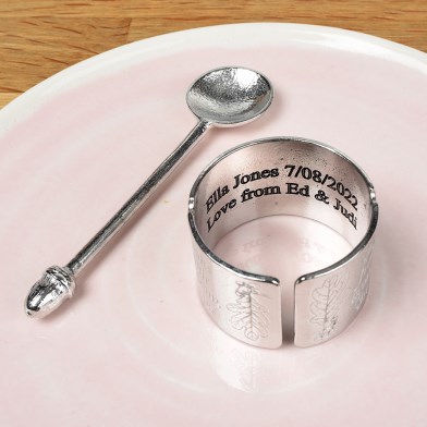 Personalised, engraved 'From Little Acorns' English Pewter Christening Egg Cup & Spoon | Image 1
