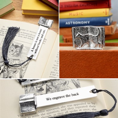 Cat Lover Gifts, Cats & Books Personalised Pewter Bookmarks. Can be engraved UK Made | Image 1