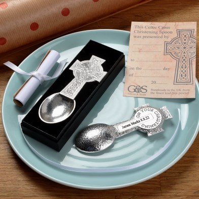 Personalised Engraved Celtic Cross Pewter Christening Spoon. | Image 1