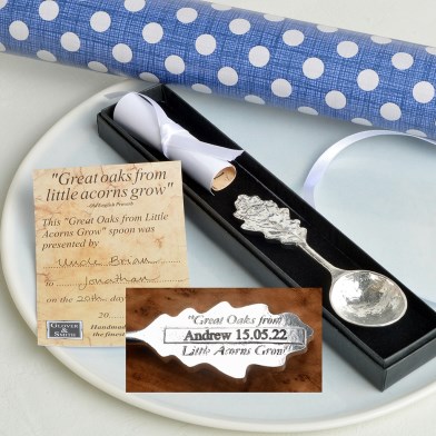 Personalised Oak Leaf Christening Spoon | Engraved Pewter Christening Gifts | Image 1