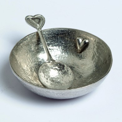 Heart English Pewter Bowl with Pewter Heart Spoon | Image 1