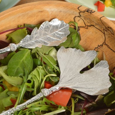 Oak Leaf & Ginkgo Leaf Solid Pewter Salad Servers | Unusual Wedding Gifts, Made in Britain | Image 1