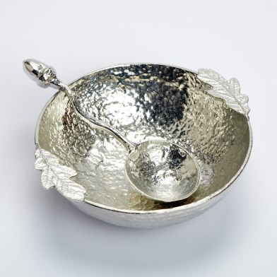 English Pewter Oak Leaf Bowl with Acorn Pewter Spoon | Image 1