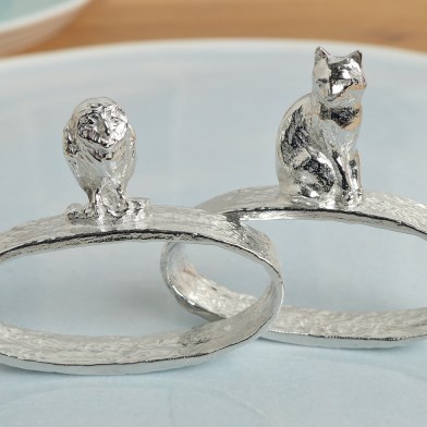 Owl and Pussycat Pewter Napkin Rings | 10th Wedding Anniversary Gifts | Image 1