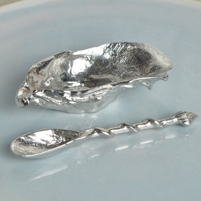 Oyster Shell English Pewter Bowl with Pewter Mussel Shell Spoon | Image 1