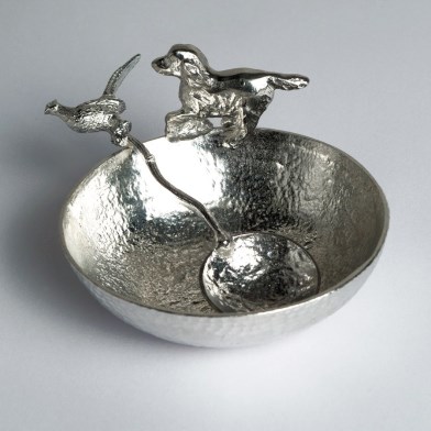 English Pewter Spaniel Bowl With Pheasant Spoon | Gifts For Dog Lovers | Image 1